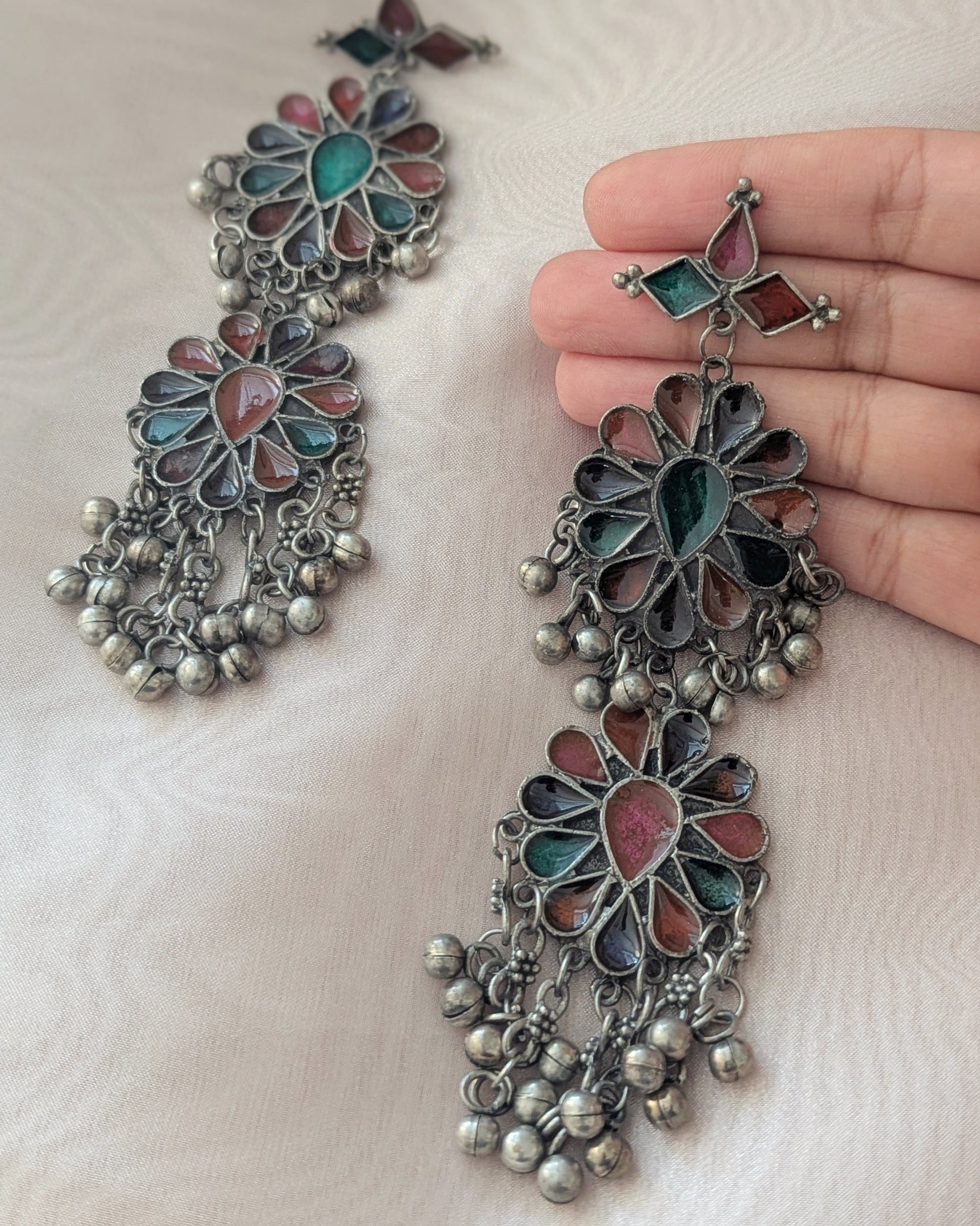 Long statement afghani earrings in oxidized silver dark polish with blue & red enamel work. Pick-up in Ajax Ontario. Worldwide shipping available. Perfect for wedding, festival jewelry, indian Jewelry, kids jewelry, kundan jewelry, gifting, costume jewelry, fashion jewelry, Eid, onam, Diwali, karwachauth, navratri. Free shipping available. Jewelry for women.