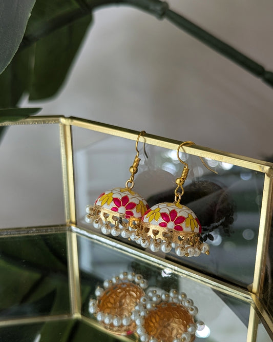Meenakari Jhumki - White, Pink & Yellow