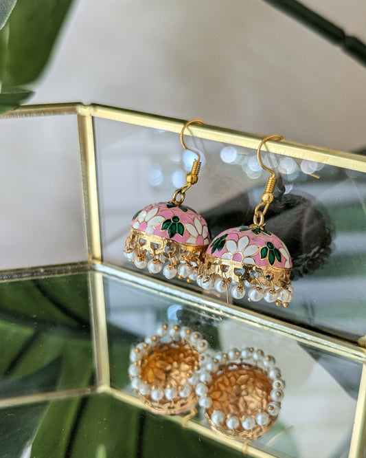 Meenakari Jhumki - White, Pink & Green