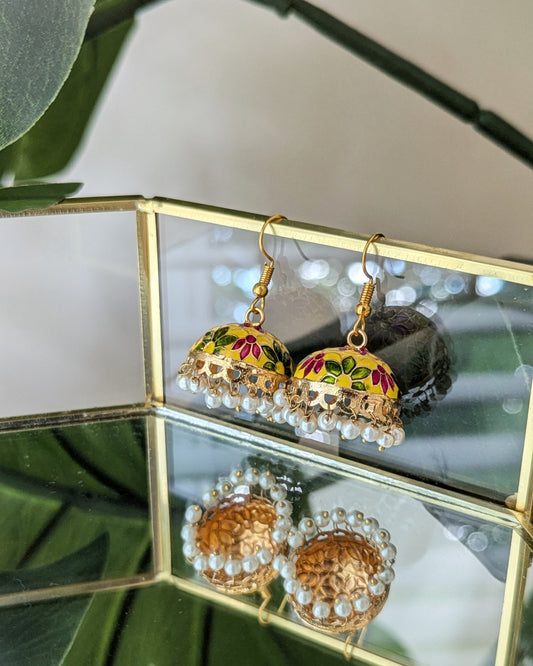 Meenakari Jhumki - Yellow, Pink & Green