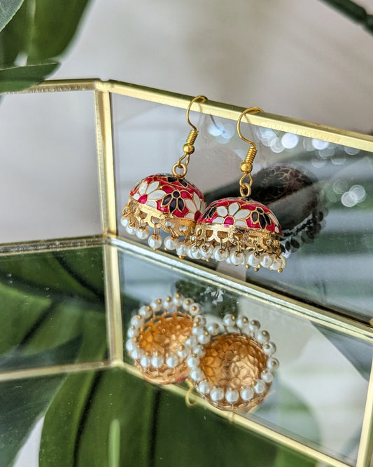 Meenakari Jhumki - White, Black & Red