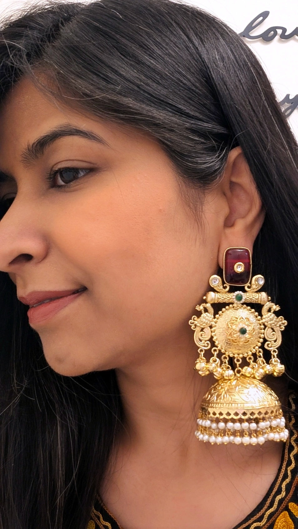 Statement Red Stone Brass Jhumka Earrings