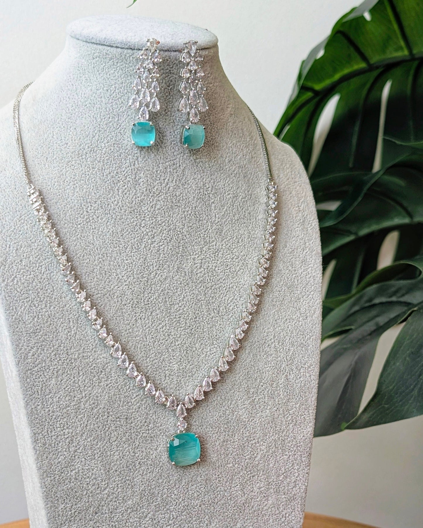Asma Elegant AD Necklace - Mint Blue