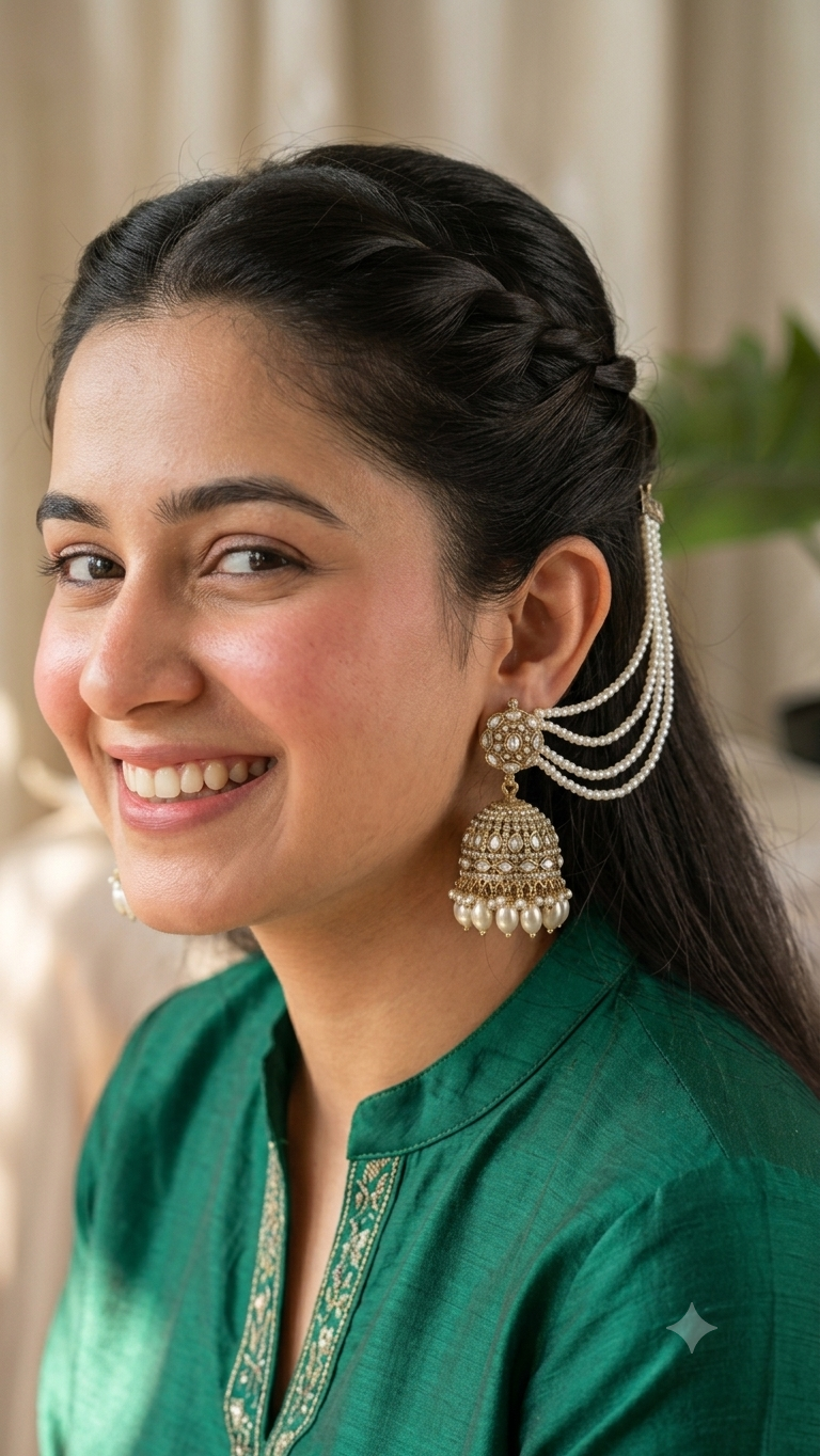 Juhi Jadau Jhumka with Earchain - Golden