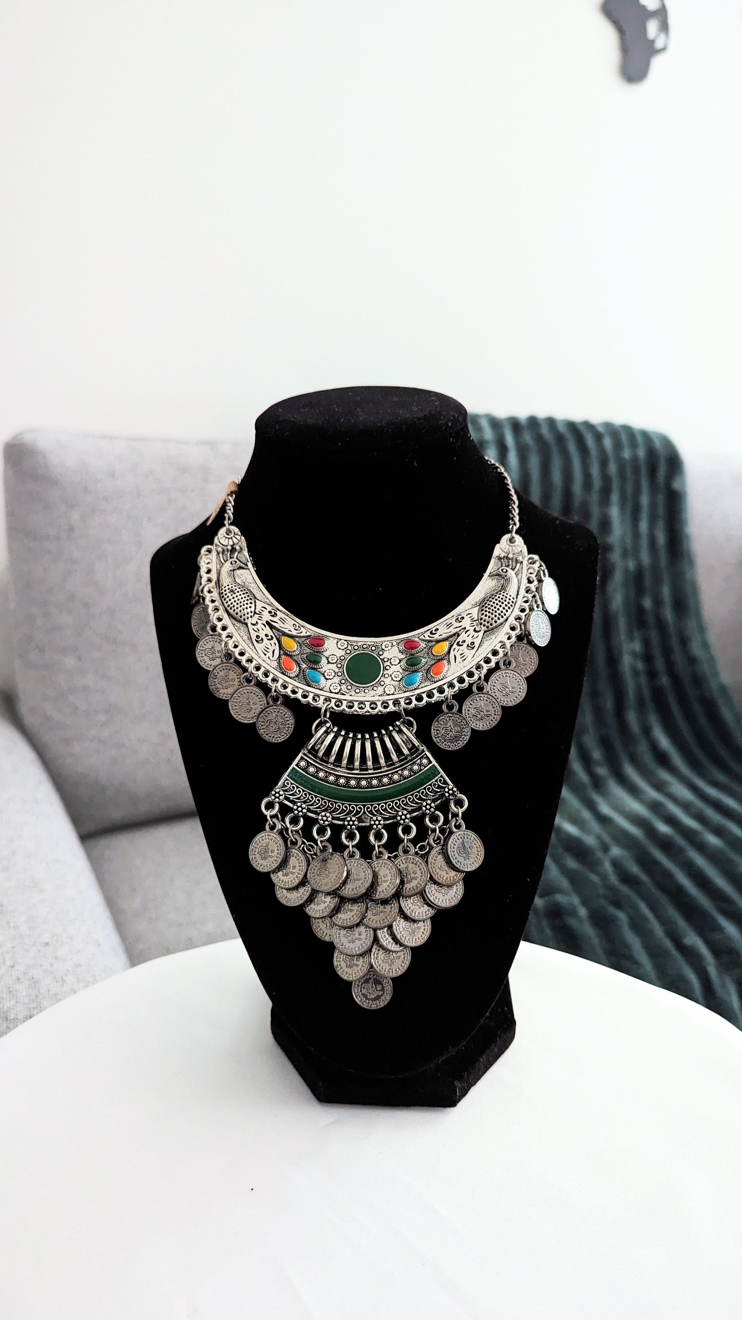 Long Afghani multicolor necklace in oxidized silver. Available in statement orange color as well!