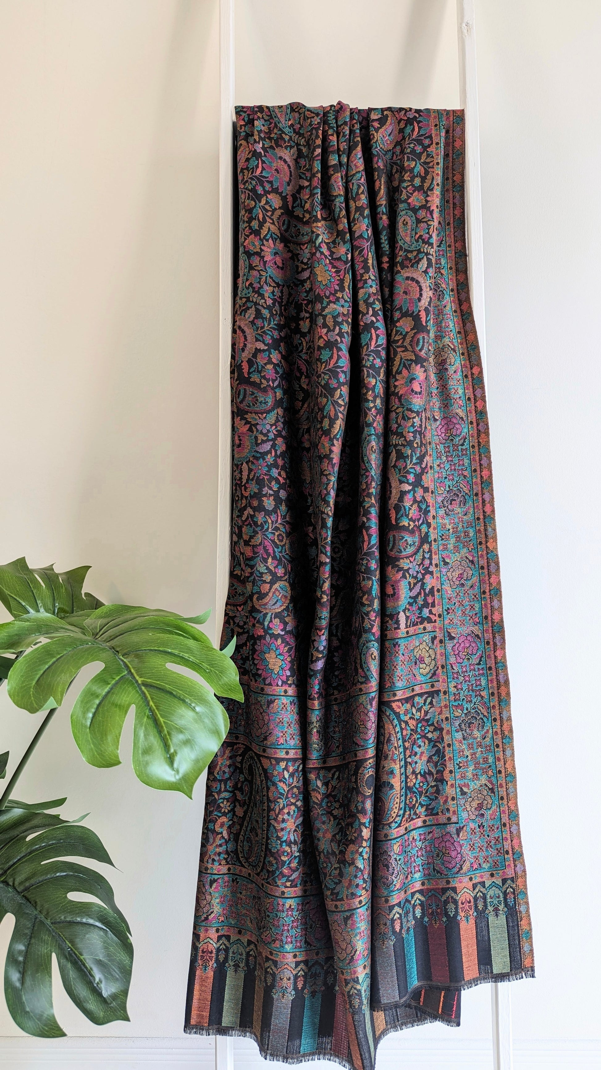 Black color Pashmina kani shawl/lohi with intricate threadwork embroidery. Perfect for both men & women. Gift options, handmade shawls, Indian shawl. Perfect for gifting. Christmas gift, Eid gift. Gifts for men in Ajax