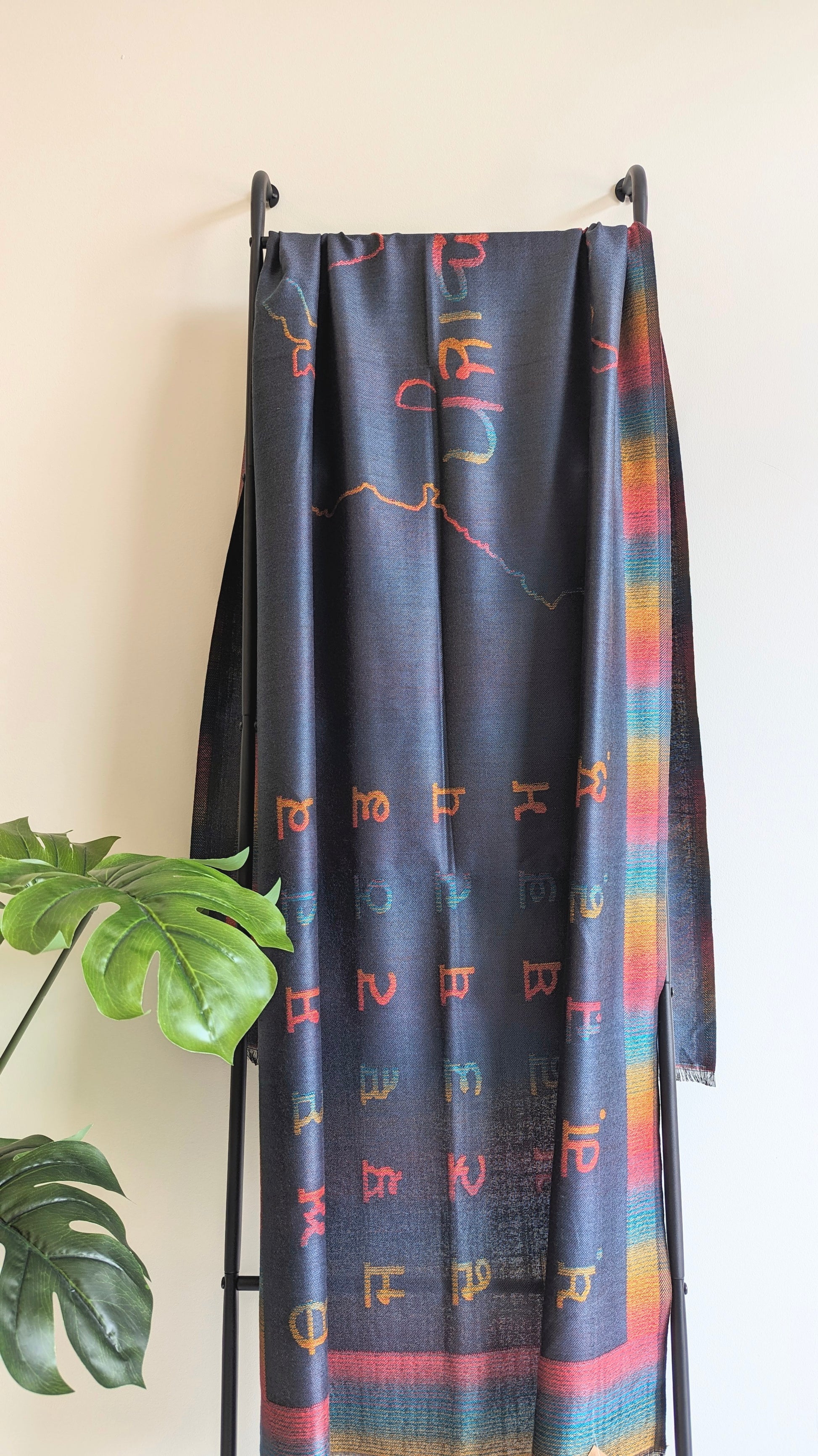 Unique Punjabi Calligraphy stole in blue with gurmukhi design. Gift options, handmade shawls, Indian shawl. Perfect for gifting. Christmas gift, Eid gift.