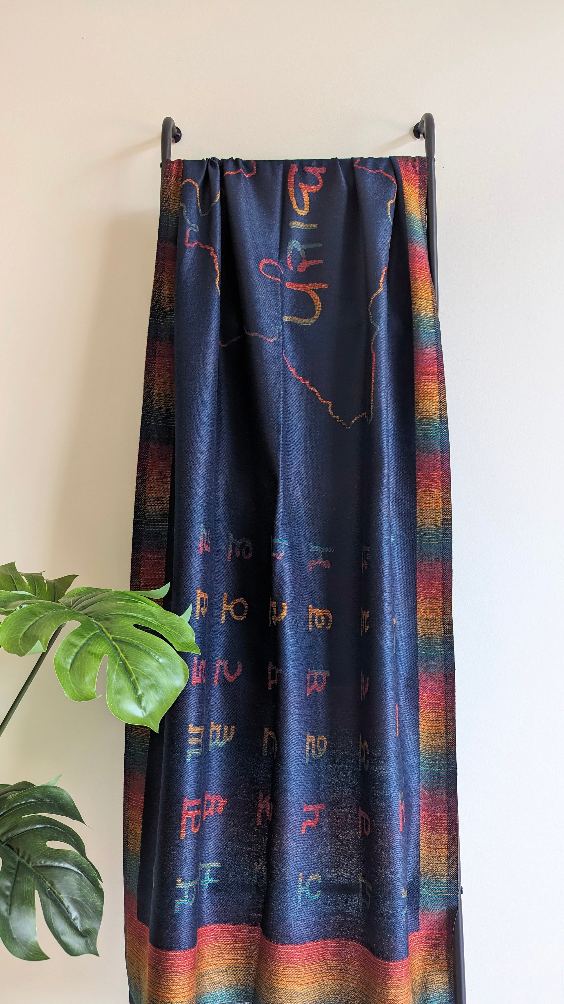 Unique Punjabi Calligraphy stole in blue with gurmukhi design. Gift options, handmade shawls, Indian shawl. Perfect for gifting. Christmas gift, Eid gift.