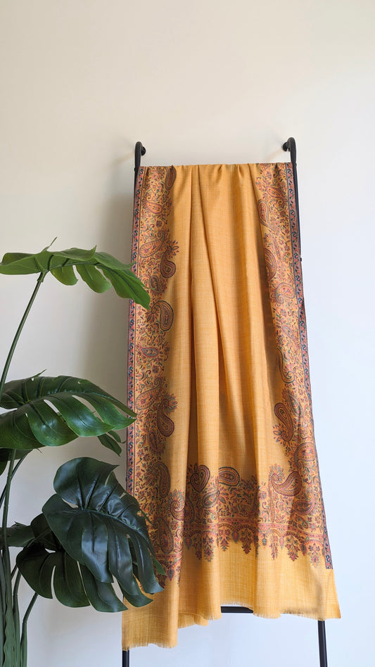 Pashmina shawl in yellow color with Kani weave border, handmade in Kashmir, India.