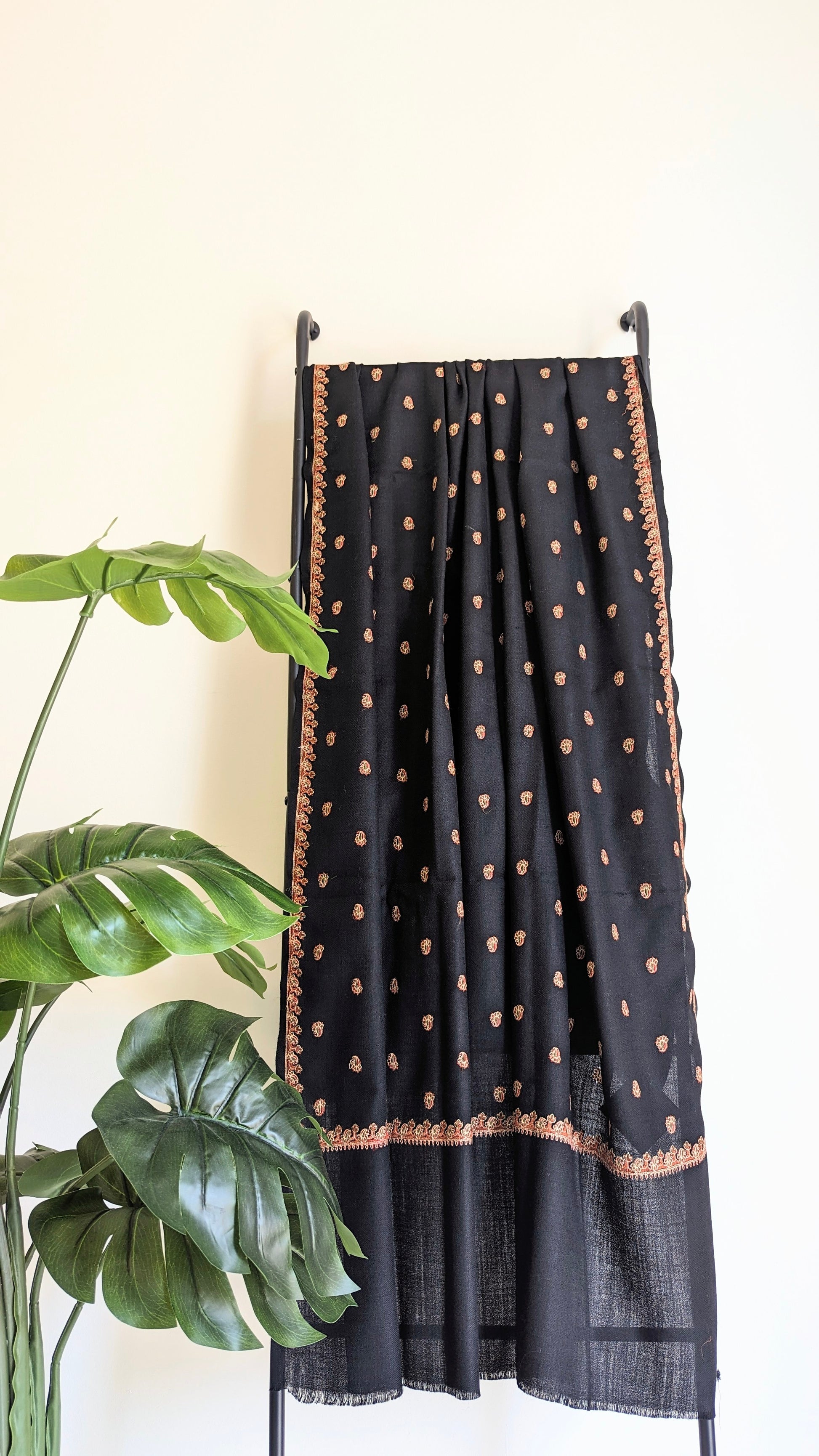 Black Pashmina shawl with intricate embroidery. Perfect for both men & women. Gift options, handmade shawls, Indian shawl. Perfect for gifting. Christmas gift, Eid gift.