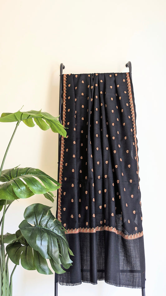 Black Pashmina shawl with intricate embroidery. Perfect for both men & women. Gift options, handmade shawls, Indian shawl. Perfect for gifting. Christmas gift, Eid gift.
