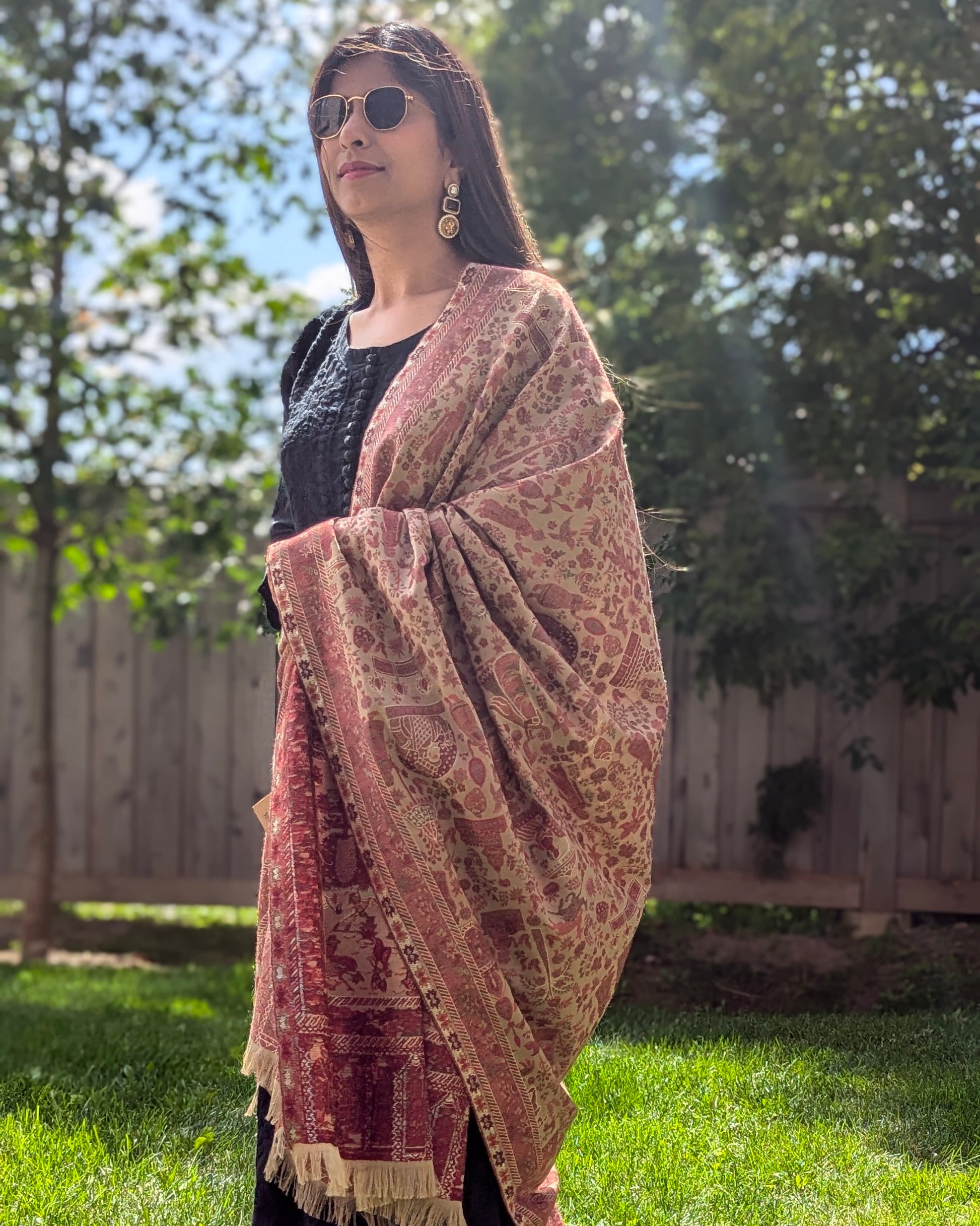 Brown Pashmina shawl with intricate embroidery. Perfect for both men & women. Gift options, handmade shawls, Indian shawl. Perfect for gifting. Christmas gift, Eid gift.