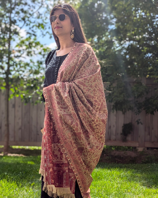 Brown Pashmina shawl with intricate embroidery. Perfect for both men & women. Gift options, handmade shawls, Indian shawl. Perfect for gifting. Christmas gift, Eid gift.