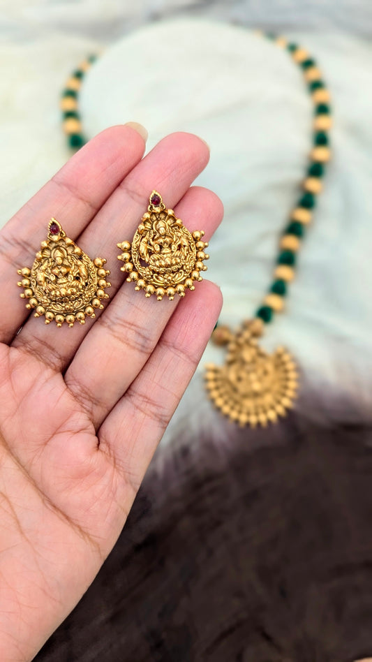 Temple jewelry. Medium length green silk threads necklace with laxmi/lakshmi pendant and earrings.