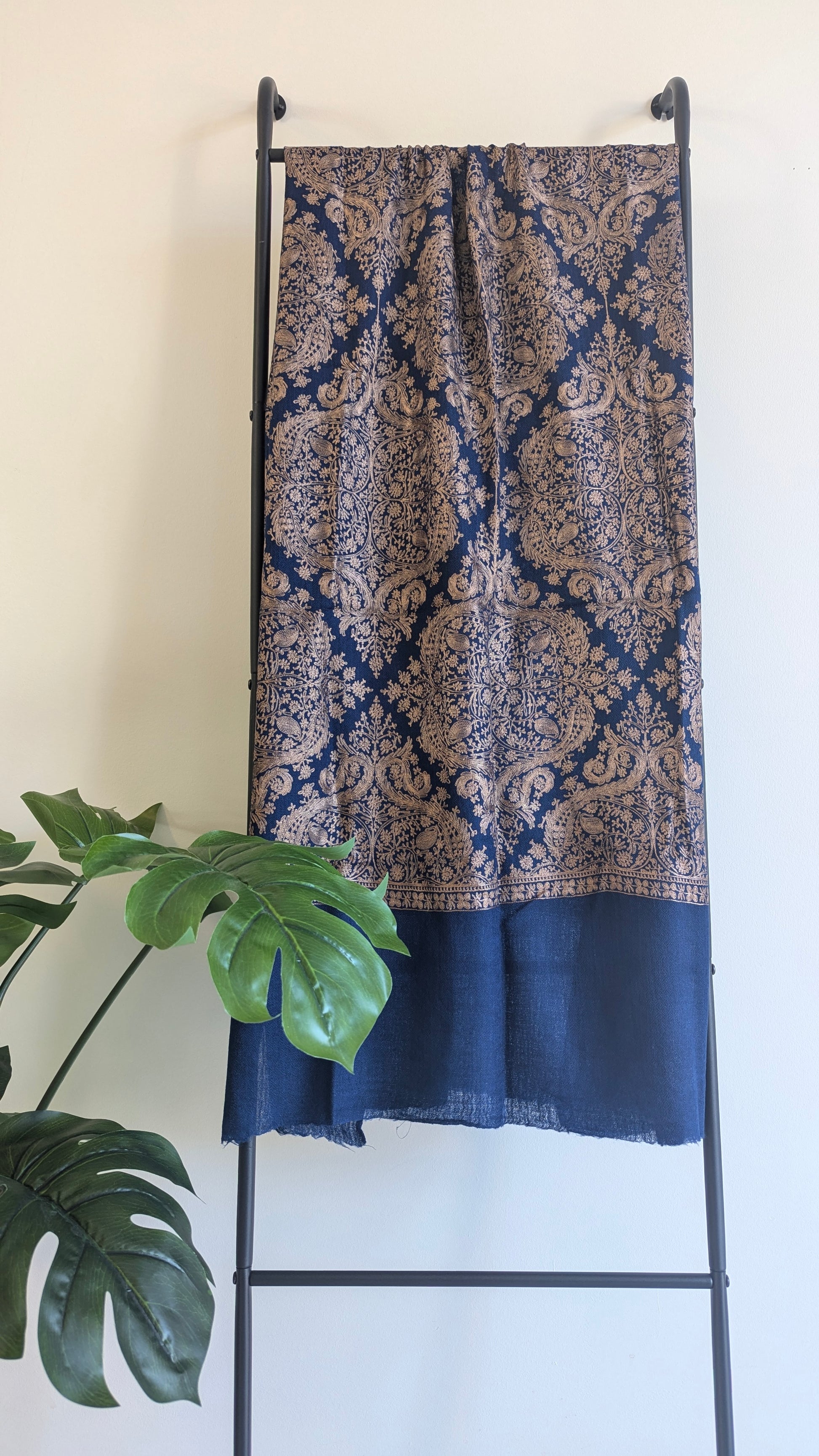 Blue color Pure Pashmina shawl with intricate Aari threadwork embroidery. Perfect for both men & women. Gift options, handmade shawls, Indian shawl. Perfect for gifting. Christmas gift, Eid gift. Gifts for women in Ajax