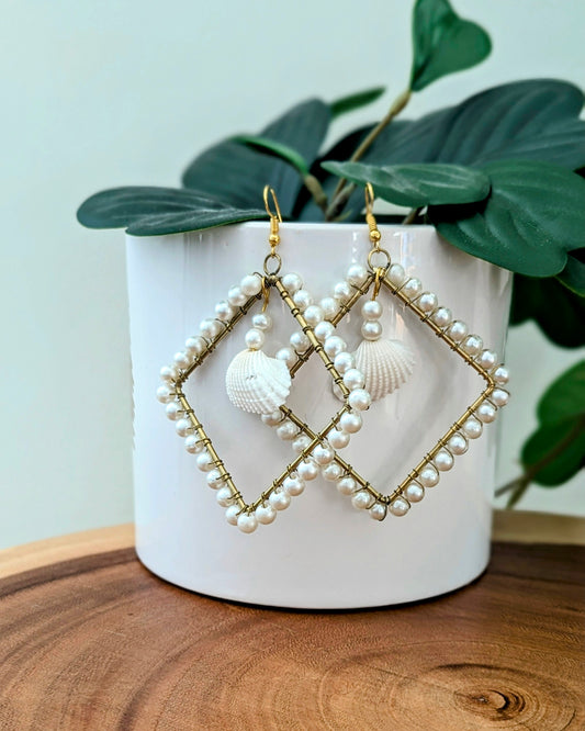 Cowrie Shell Pearl Hoops