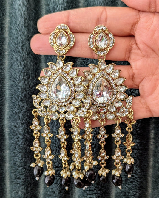 Black golden chandbali with black beads and pearls. Available for pickup in Ajax, Ontario and worldwide shipping.