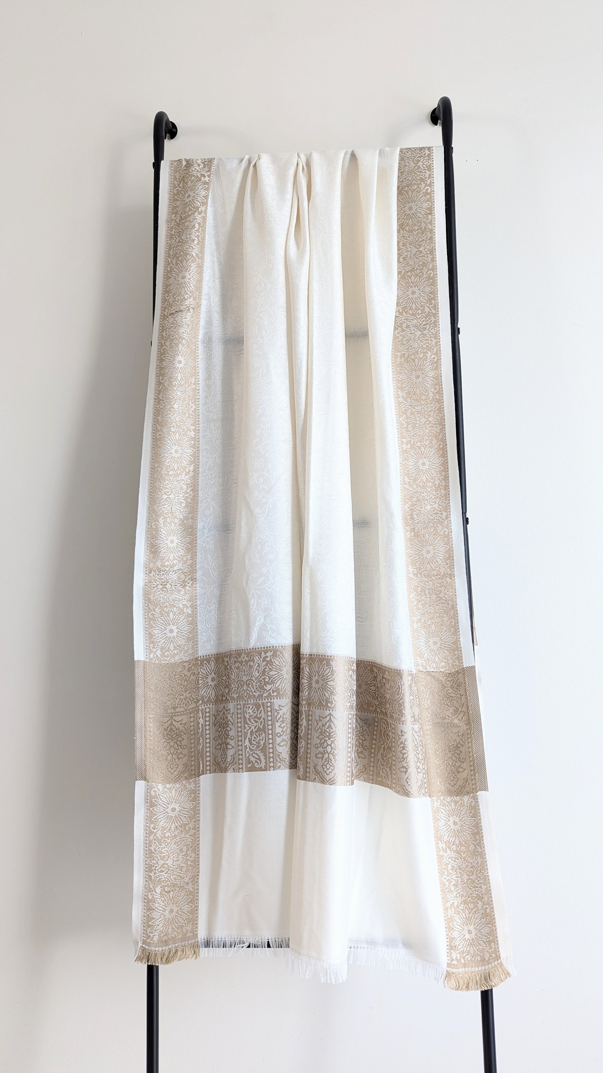 Economic Handmade Pashmina shawls from Kashmir in a classy white color with beautiful hand done thread work with brown thread. Great gift for parents, mothers, mother in law (MIL). Very high quality shawl available in different sizes only at Sufna Canada Ajax GTA Toronto Ontario