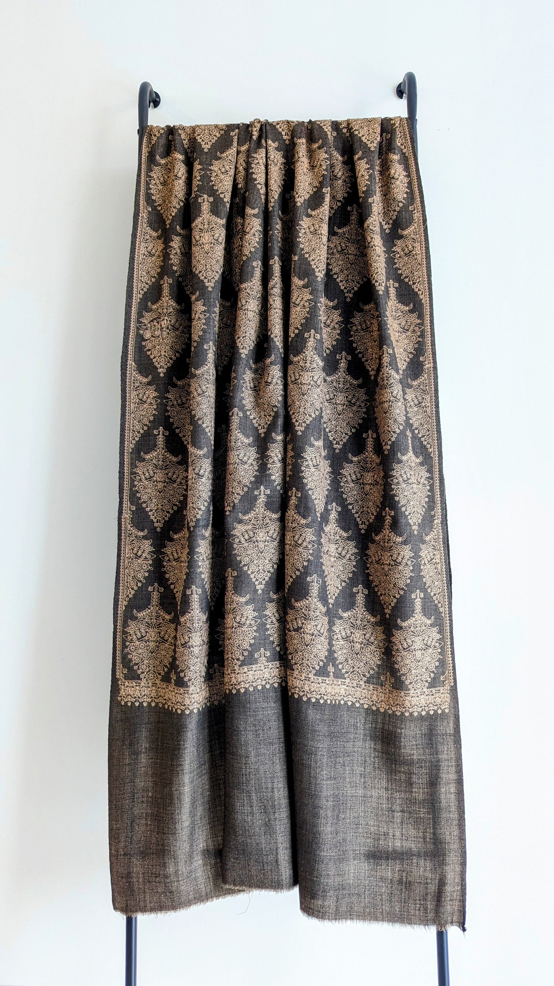 Handmade Pashmina shawls from Kashmir in a classy gray brown color with beautiful hand done thread work. Great gift for parents, mothers, mother in law (MIL). Very high quality shawl available in different sizes only at Sufna Canada