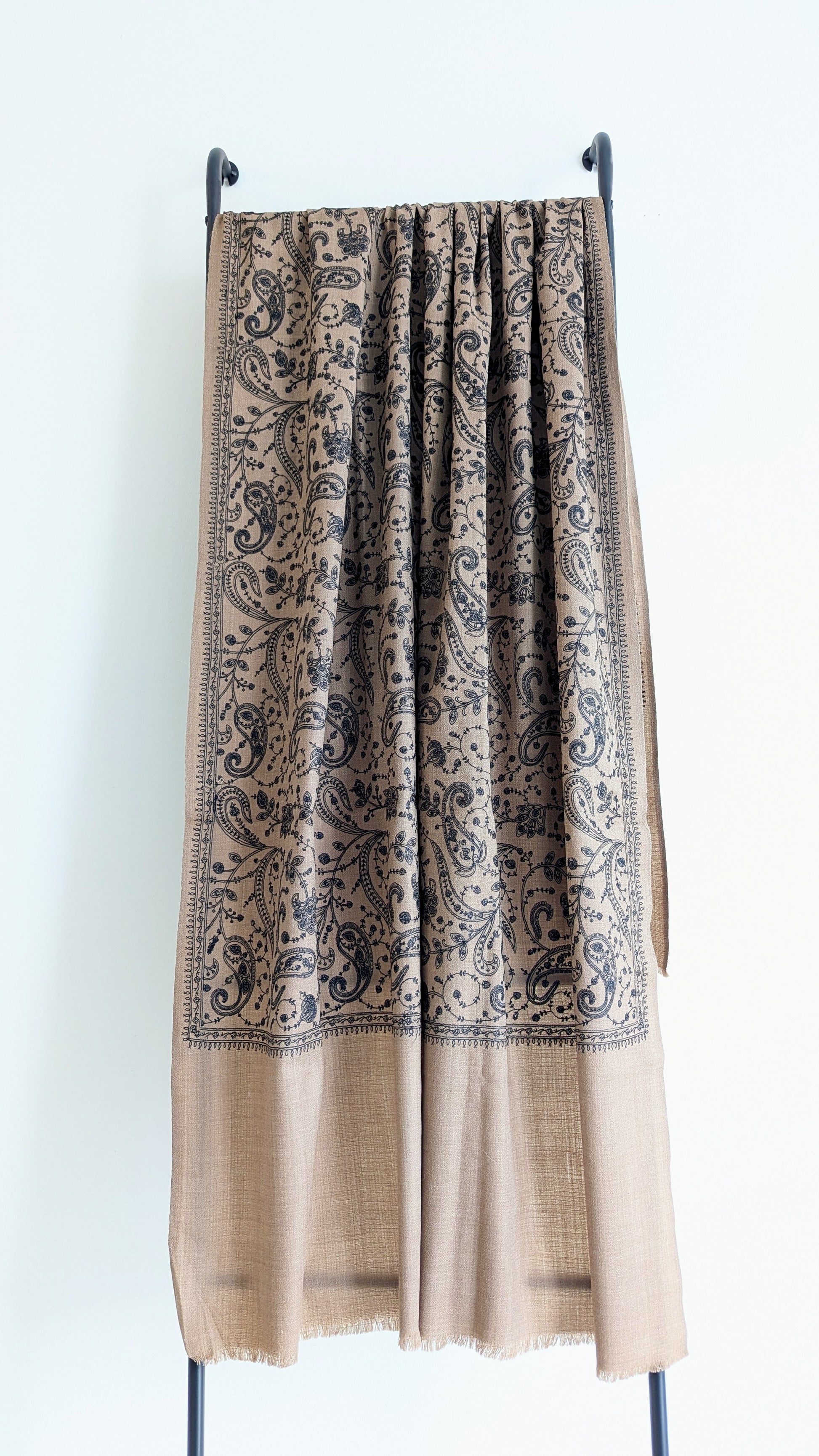 Handmade Pashmina shawls from Kashmir in a classy gray brown color with beautiful hand done thread work with black thread. Great gift for parents, mothers, mother in law (MIL). Very high quality shawl available in different sizes only at Sufna Canada