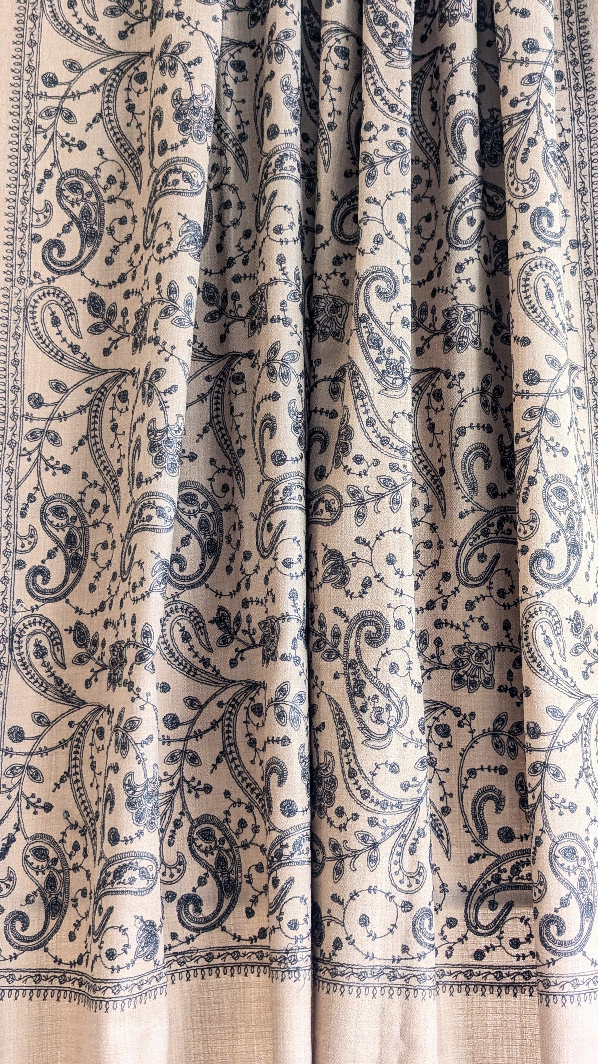 Handmade Pashmina shawls from Kashmir in a classy gray brown color with beautiful hand done thread work with black thread. Great gift for parents, mothers, mother in law (MIL). Very high quality shawl available in different sizes only at Sufna Canada