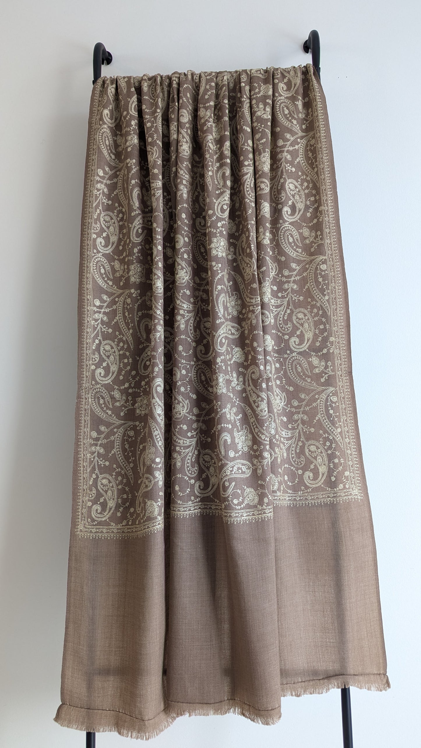 Handmade Pashmina shawls from Kashmir in a classy brown color with beautiful hand done thread work with white thread. Great gift for parents, mothers, mother in law (MIL). Very high quality shawl available in different sizes only at Sufna Canada Ajax GTA Toronto Ontario