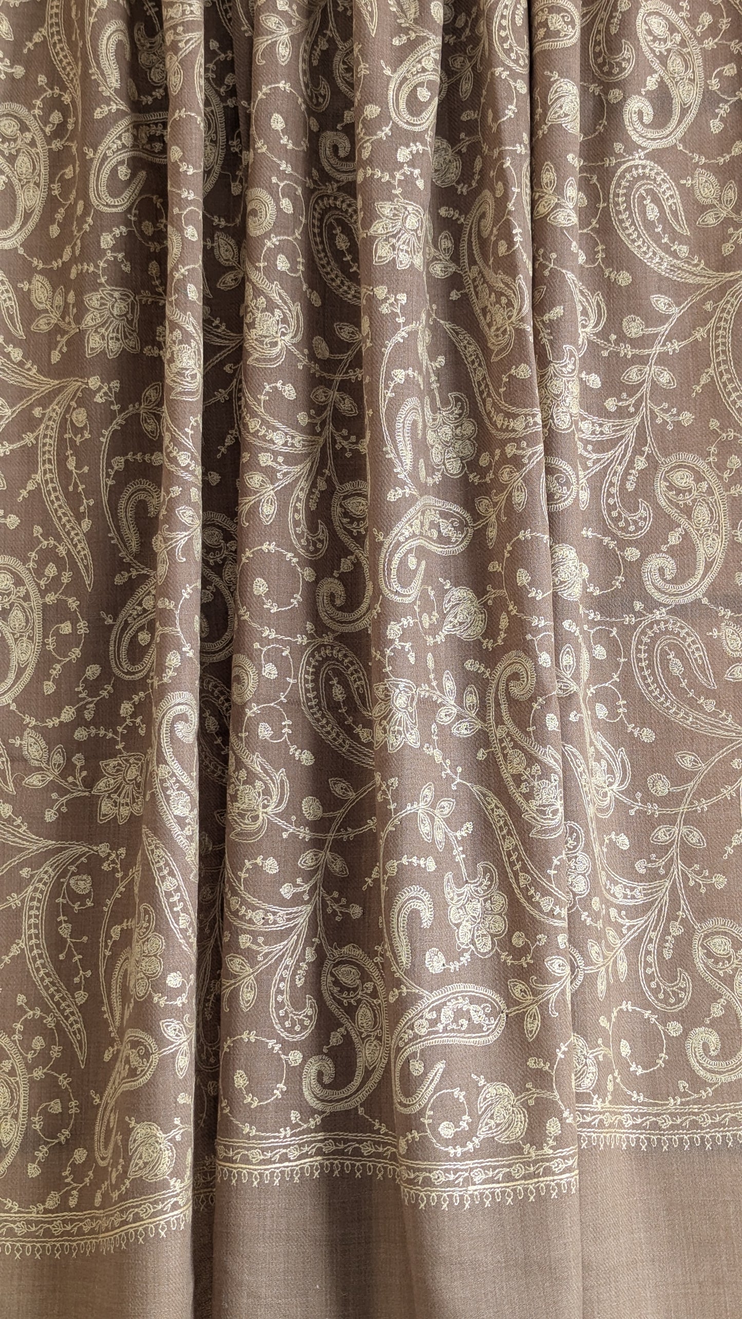 Handmade Pashmina shawls from Kashmir in a classy brown color with beautiful hand done thread work with white thread. Great gift for parents, mothers, mother in law (MIL). Very high quality shawl available in different sizes only at Sufna Canada Ajax GTA Toronto Ontario
