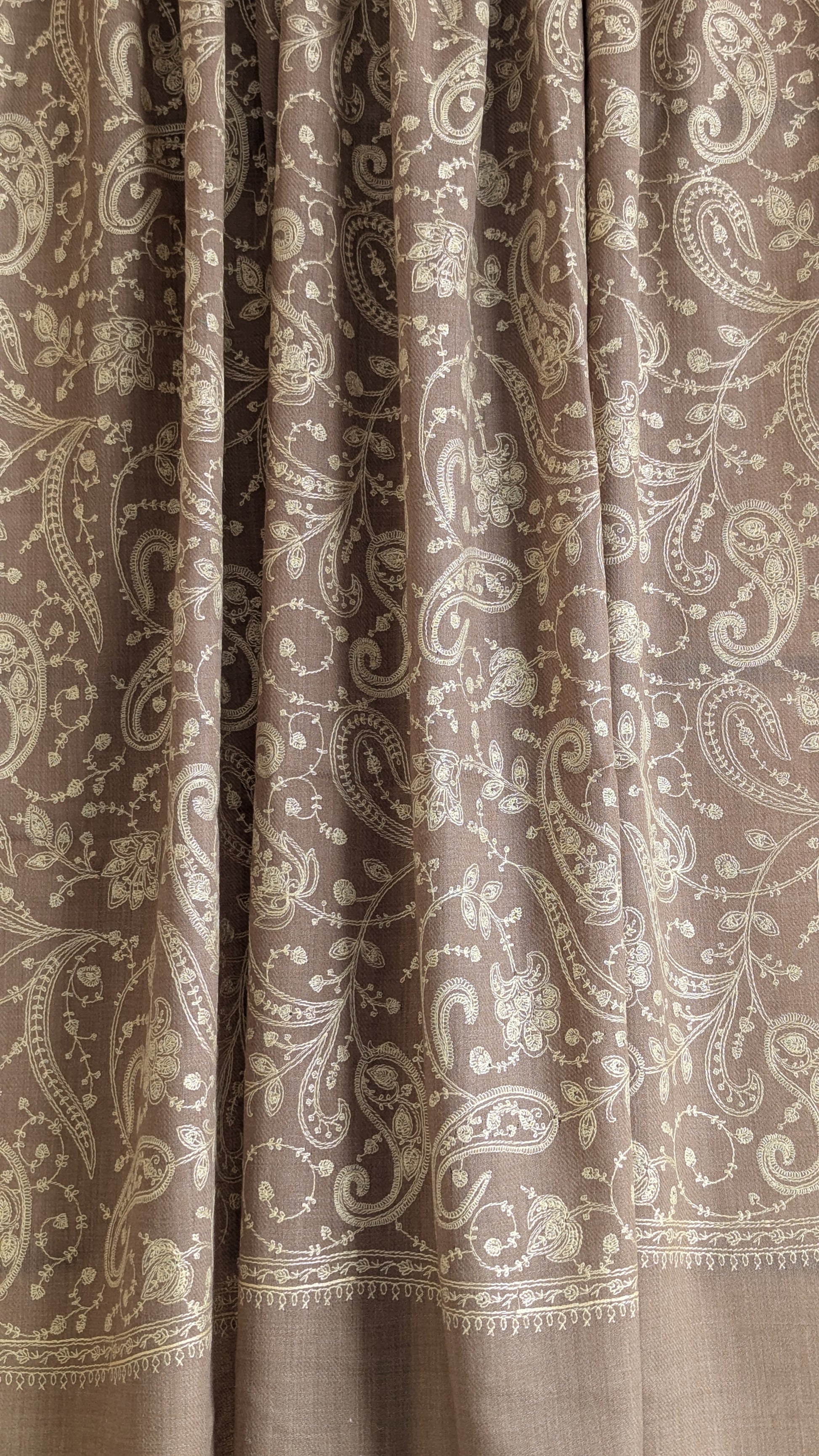 Handmade Pashmina shawls from Kashmir in a classy brown color with beautiful hand done thread work with white thread. Great gift for parents, mothers, mother in law (MIL). Very high quality shawl available in different sizes only at Sufna Canada Ajax GTA Toronto Ontario
