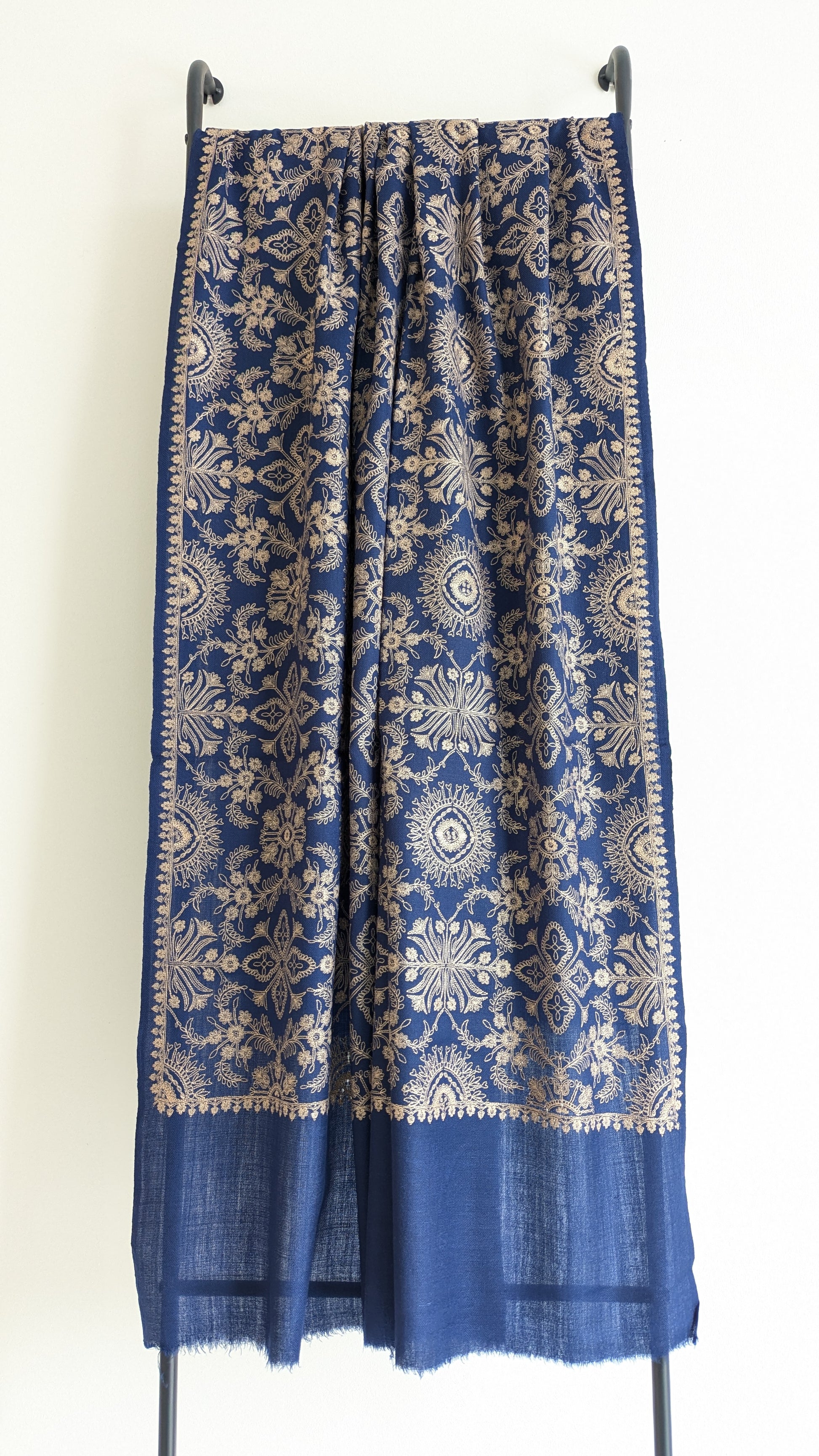 Handmade Pashmina shawls from Kashmir in a classy blue color with beautiful hand done thread work with brown thread. Great gift for parents, mothers, mother in law (MIL). Very high quality shawl available in different sizes only at Sufna Canada Ajax GTA Toronto Ontario