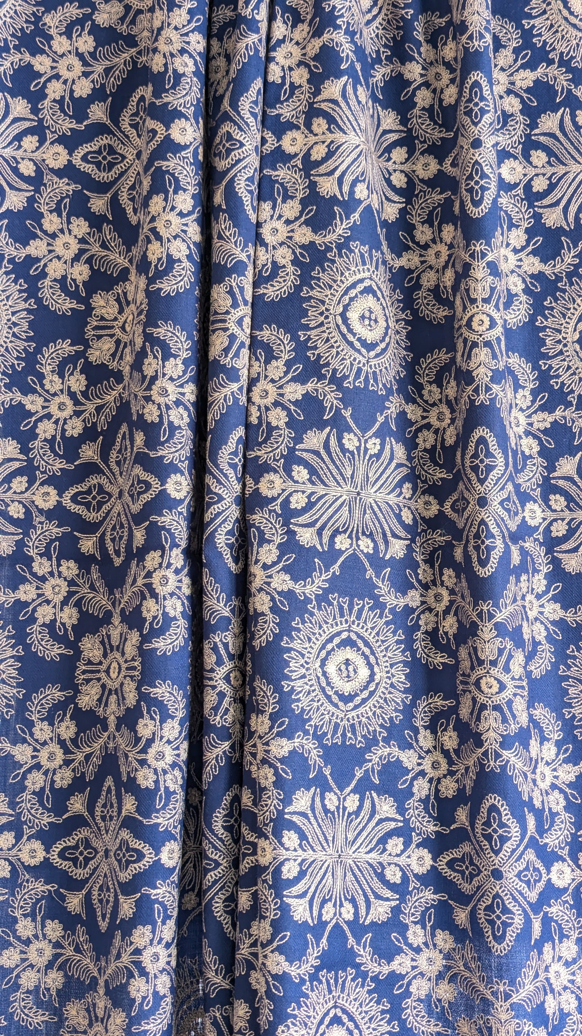 Handmade Pashmina shawls from Kashmir in a classy blue color with beautiful hand done thread work with brown thread. Great gift for parents, mothers, mother in law (MIL). Very high quality shawl available in different sizes only at Sufna Canada Ajax GTA Toronto Ontario