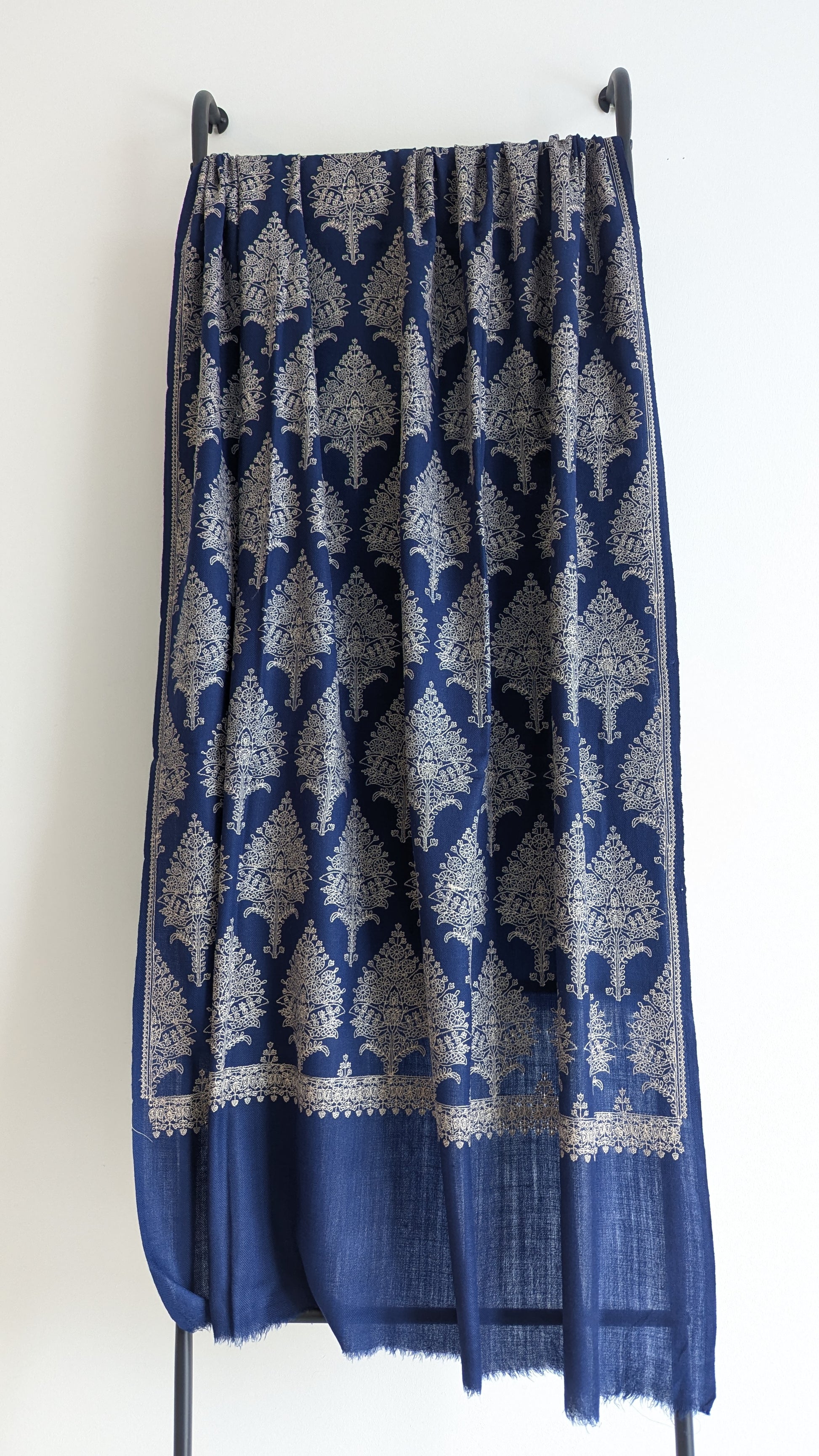 Handmade Pashmina shawls from Kashmir in a classy blue color with beautiful hand done thread work with brown thread. Great gift for parents, mothers, mother in law (MIL). Very high quality shawl available in different sizes only at Sufna Canada Ajax GTA Toronto Ontario