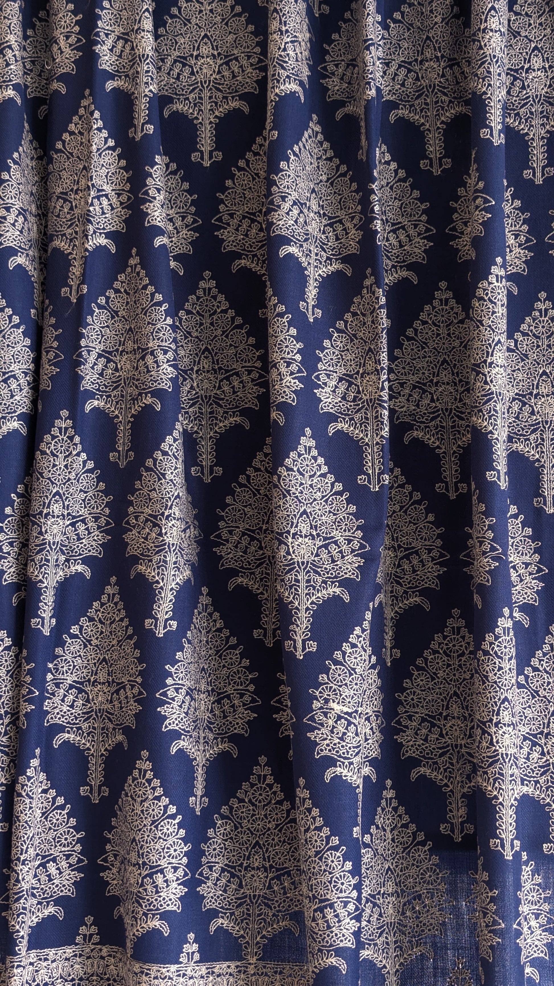 Handmade Pashmina shawls from Kashmir in a classy blue color with beautiful hand done thread work with brown thread. Great gift for parents, mothers, mother in law (MIL). Very high quality shawl available in different sizes only at Sufna Canada Ajax GTA Toronto Ontario