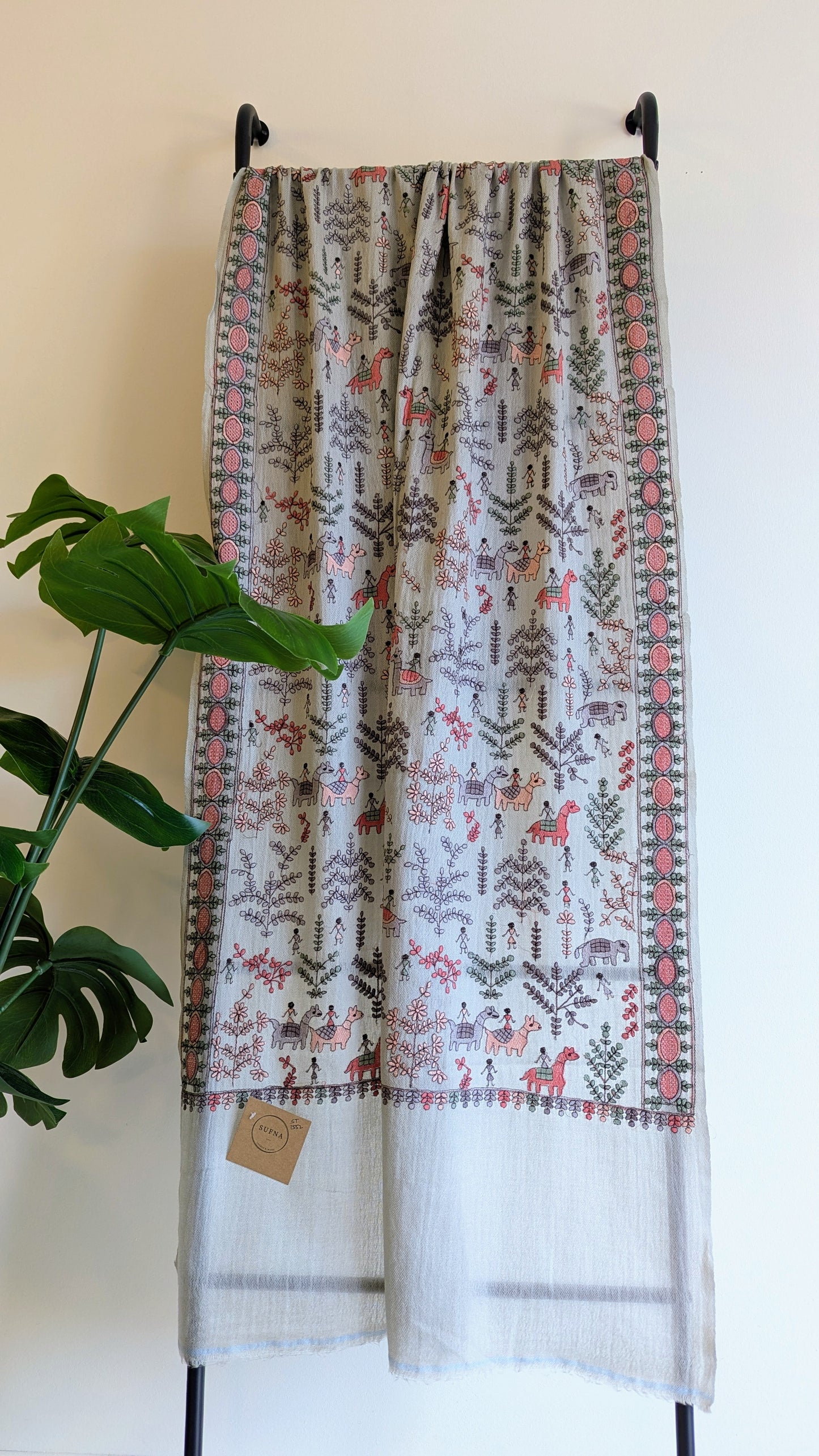 Kalamkari Pashmina Stole - Mint Blue