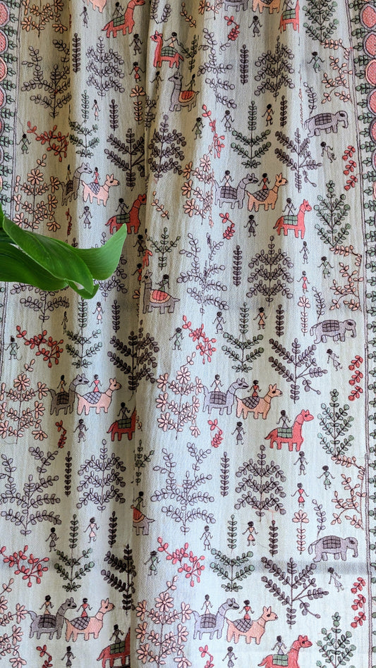 Kalamkari Pashmina Stole - Mint Blue