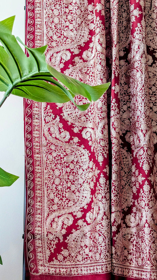 Cashmere Nalki Embroidery Stole - Maroon