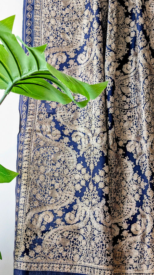 Cashmere Nalki Embroidery Stole - Blue