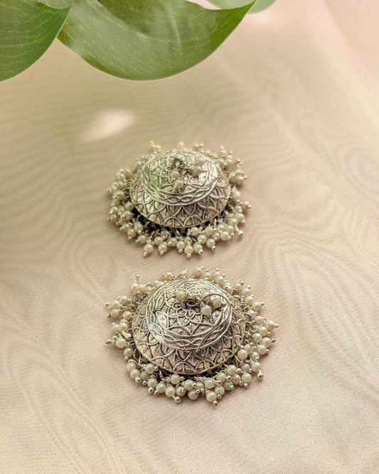 Neeti Oxidized Silver Jhumkas with Pearls