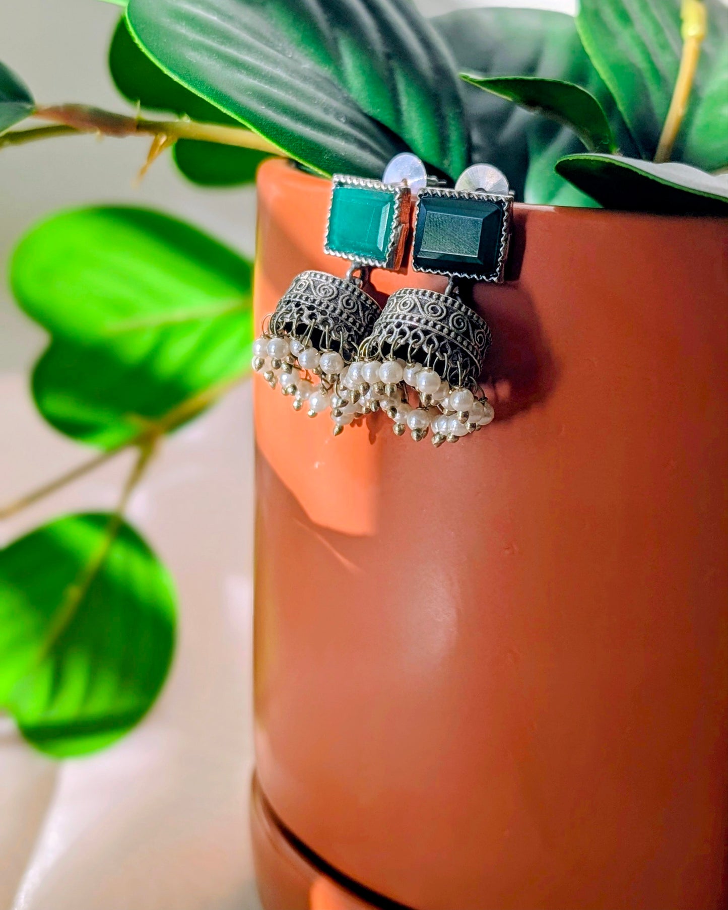 Cute Small Oxidized Silver Jhumka with Green Stone