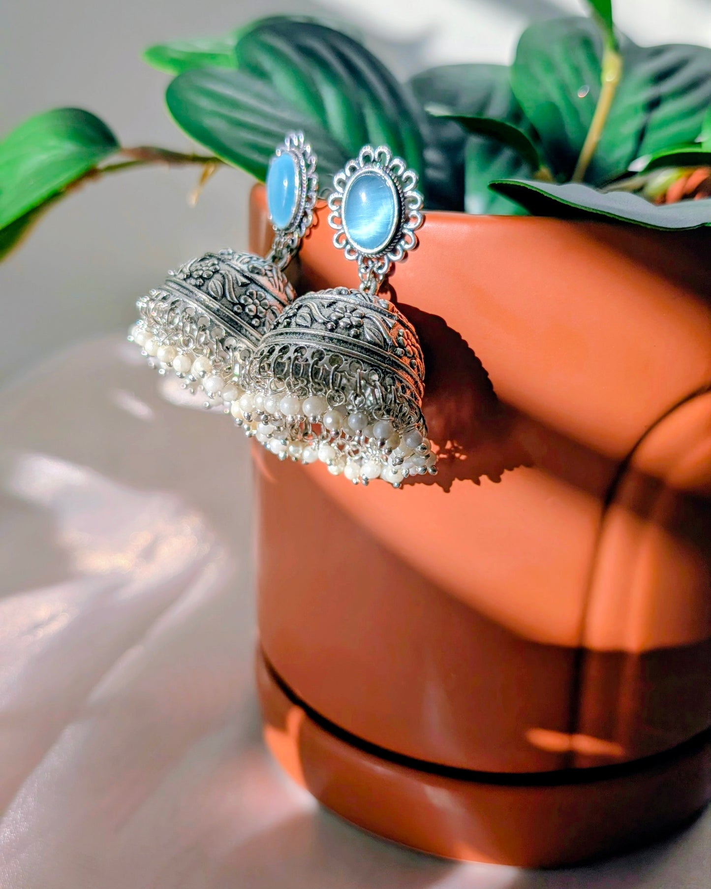 Oxidized Silver Mint Blue Jhumka