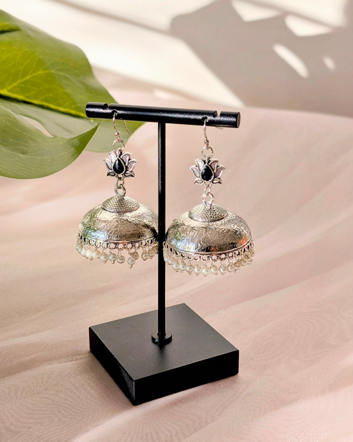 Oxidized Silver Brass Jhumka with Black Stone