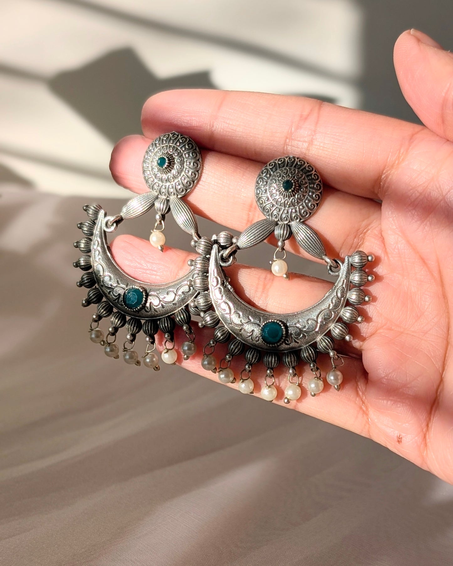 Zenab Oxidized Silver Chandbali
