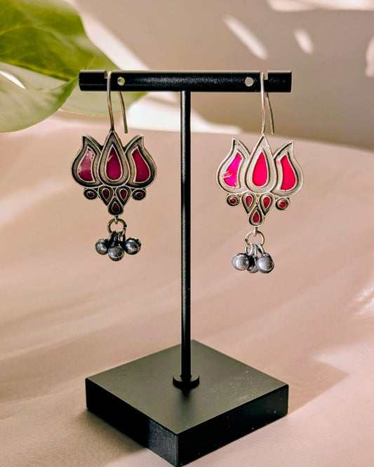 Enamel Hand Painted Oxidized Silver Drop Jhumki with Ghungroo