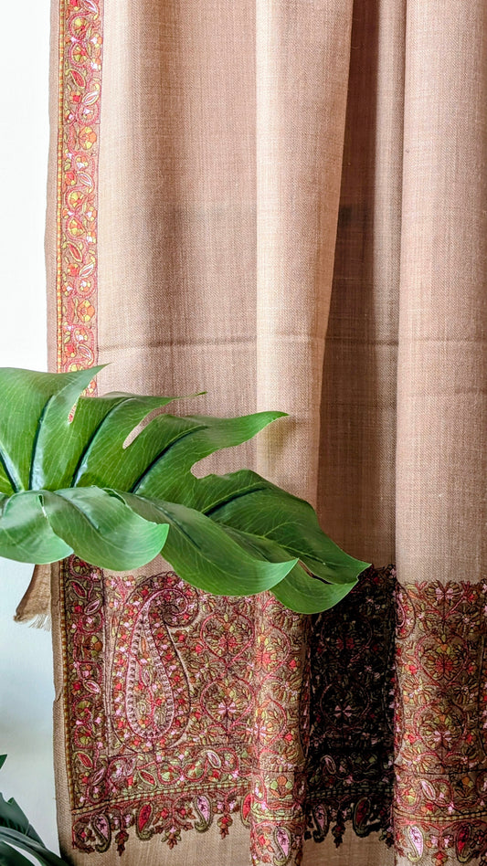 Unisex Woolen Hand Embroidered Woolen Shawl - Beige