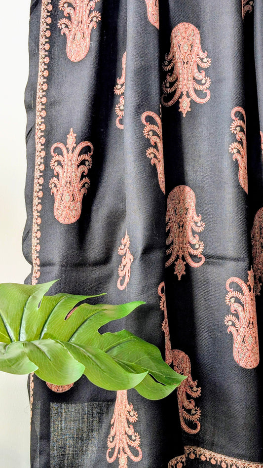 Unisex Semi Pashmina Thread Embroidery Shawl in Black