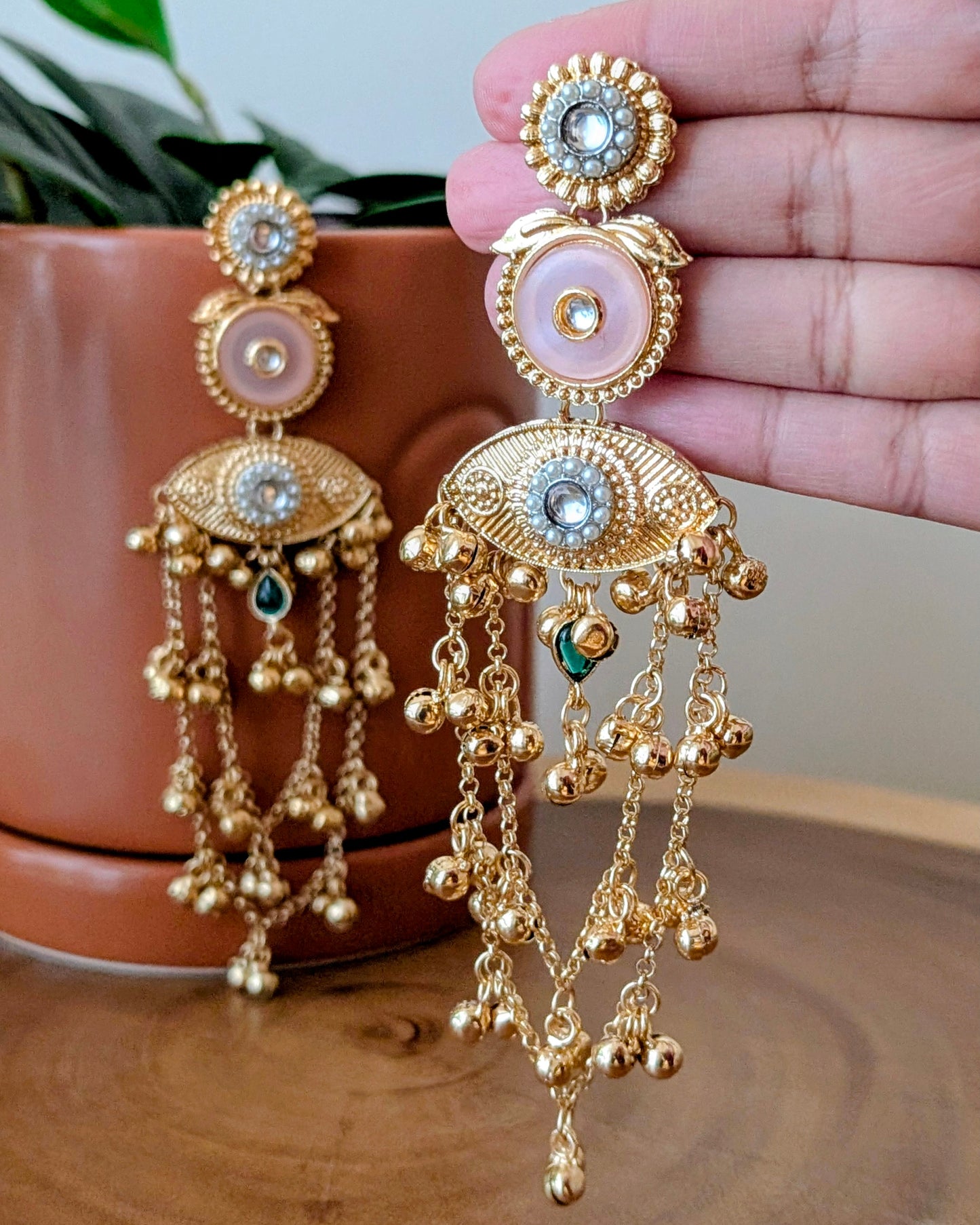 Nagma Kashmiri Jhumke with Ghungroo - Light Pink