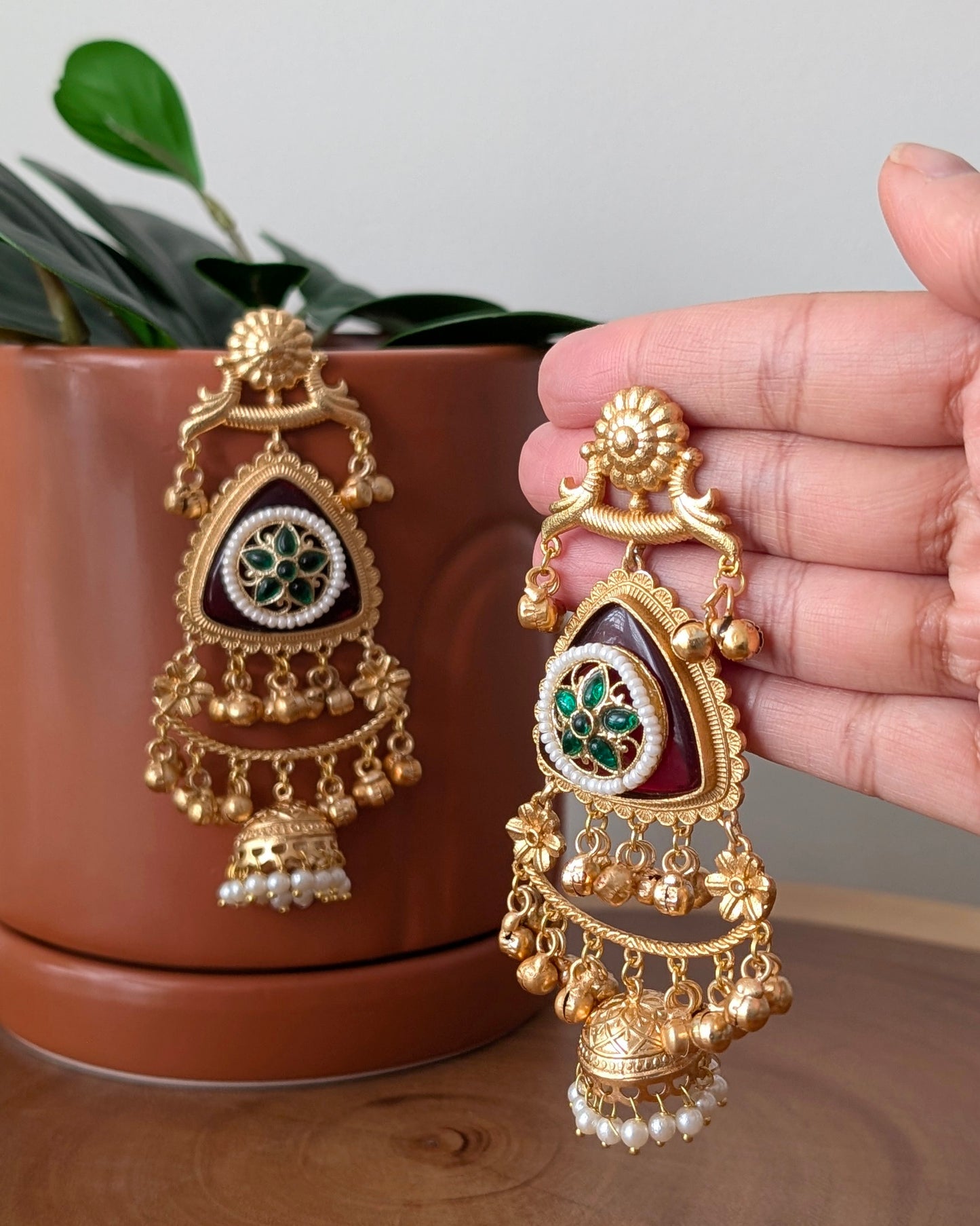 Arpita Golden Kashmiri Jhumke - Red