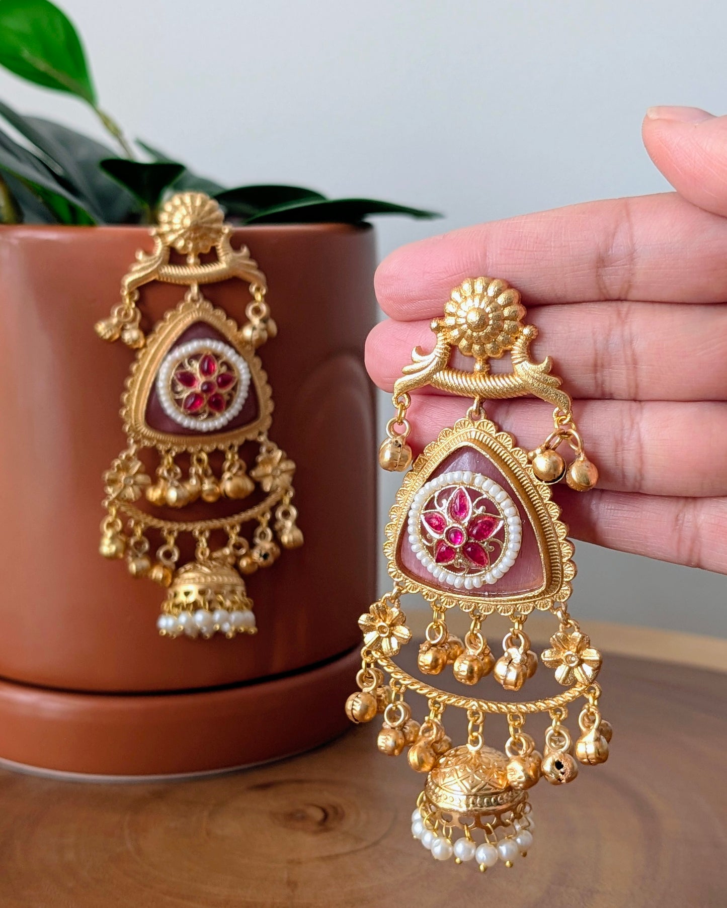 Arpita Golden Kashmiri Jhumke - Pink
