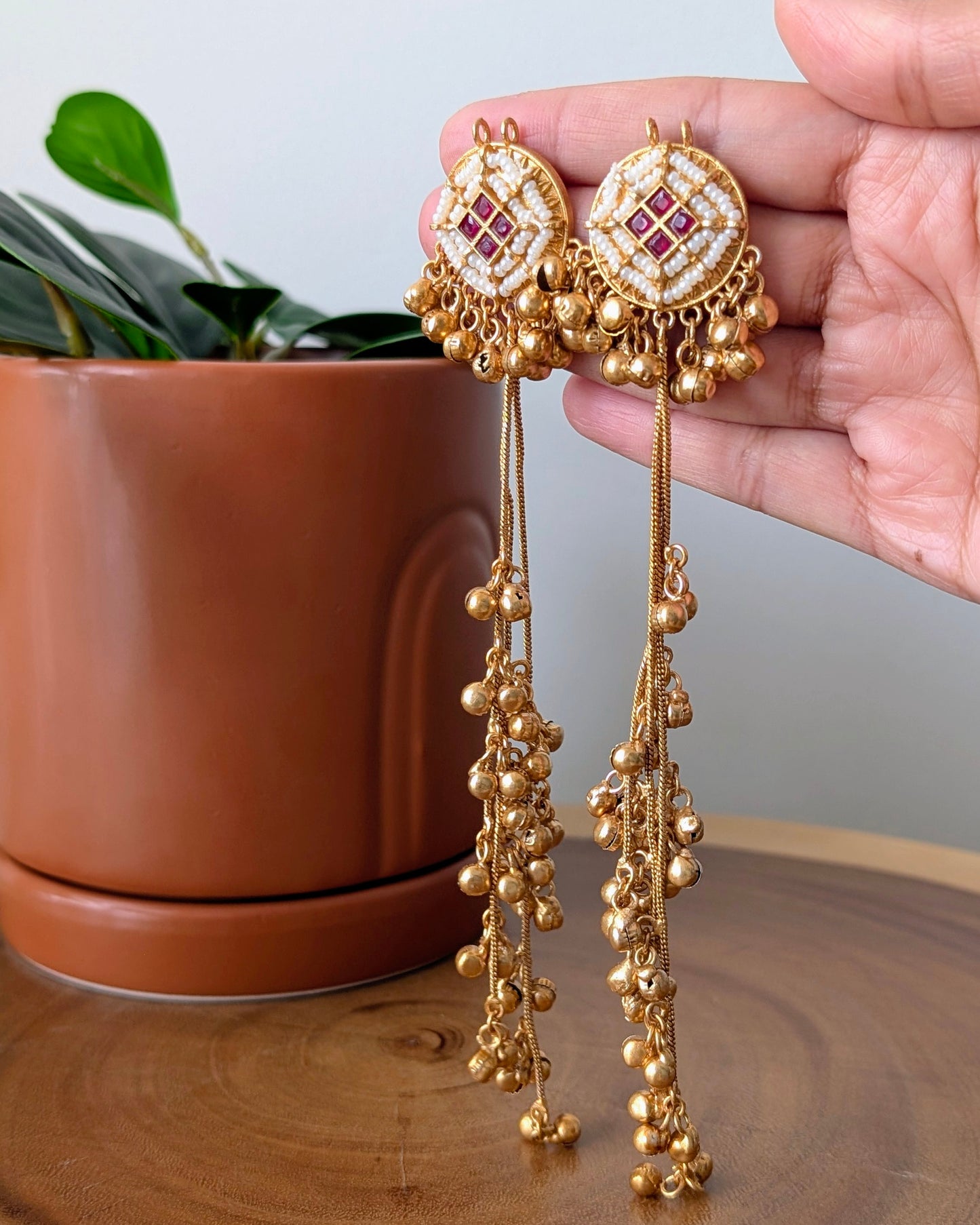 Anuja Long Golden Kashmiri Jhumke - Red