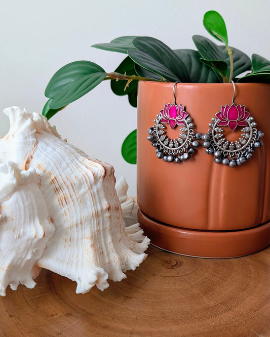 Leena Enamel Hand Painted Oxidized Silver Lotus Ghungroo Chandbali - Pink