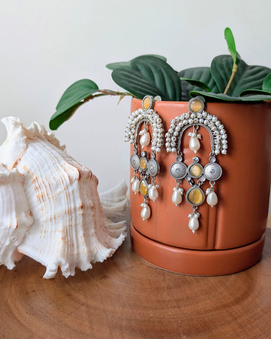 Veera Oxidized Silver Chandbali Jhumka - Yellow